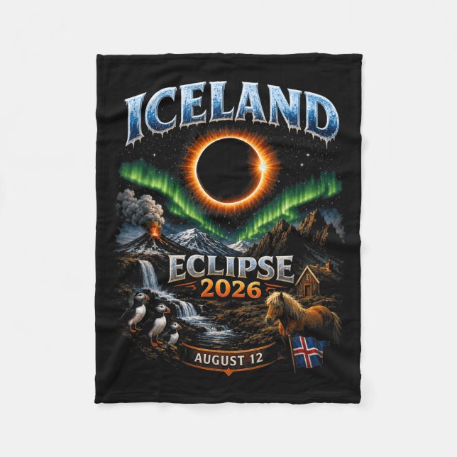 Iceland Total Solar Eclipse 2026 Design Fleece Blanket (Front)