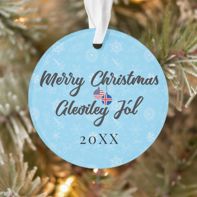 Iceland USA Flags, With Custom Year Bilingual Ornament (Tree)