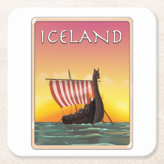 Iceland Viking Travel poster Square Paper Coaster
