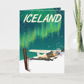 Iceland vintage style ski plane poster holiday card