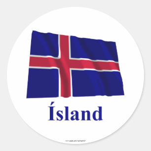 Iceland Waving Flag with Name in Icelandic Classic Round Sticker