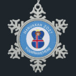 Icelandic Angel Hanukkah Flag Personalised  Snowflake Pewter Christmas Ornament<br><div class="desc">The flag of Iceland is worn by an angel on a snowflake pewter ornament for holiday and Christmas decor. The Christmas Icelandic Angel shows inside a white circle of squiggly squares with a background of green squiggly squares. Personalise with a name. Customise with the year. Or, add your own text....</div>