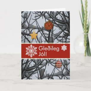 Icelandic Christmas Ornaments on Snowy Branches Holiday Card