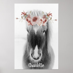 Icelandic Horse and Floral Crown Personalised Name Poster