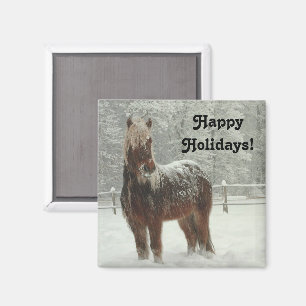 Icelandic Horse in Winter, Happy Holidays Photo Magnet