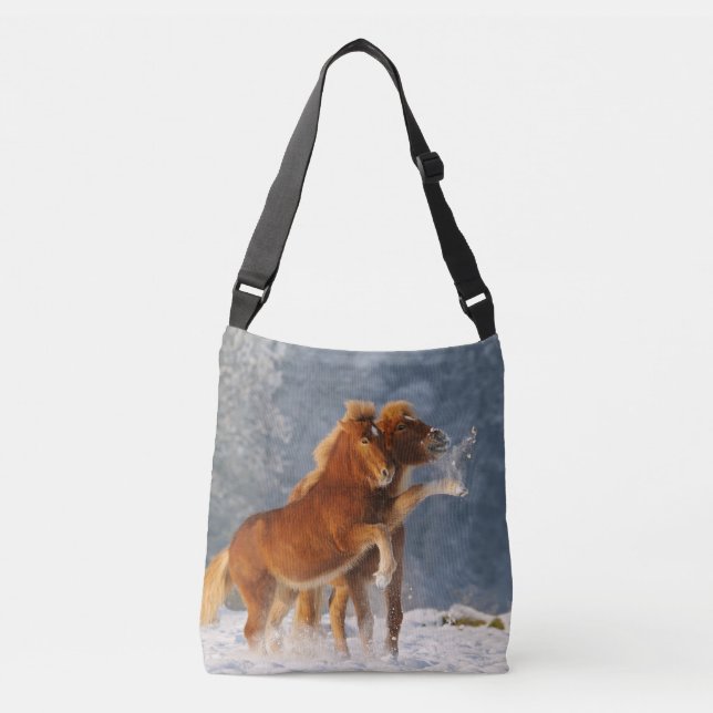 Icelandic Horses Foal Play in Snow Funny Crossbody Bag (Front)
