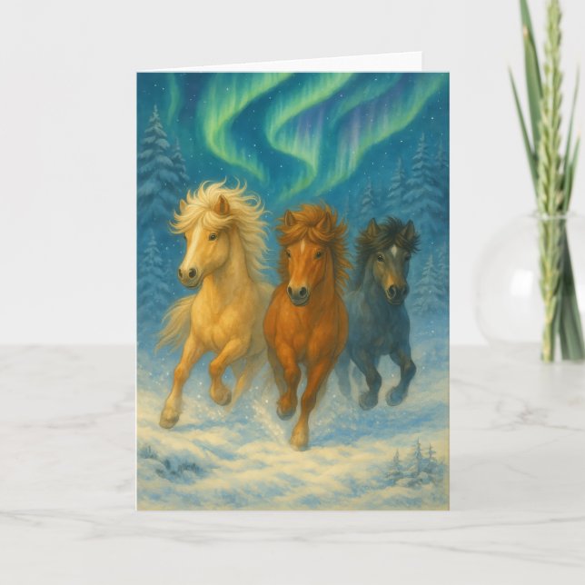 Icelandic Horses Northern Lights Holiday Card (Front)