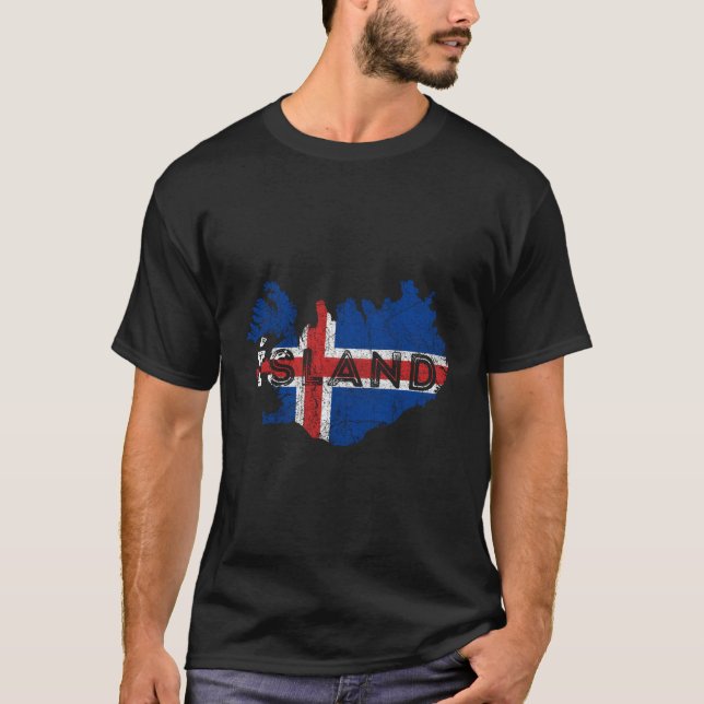 Icelandic Map And Flag Souvenir Distressed Iceland T-Shirt (Front)