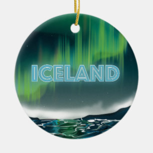 Icelandic Northern Lights Travel Poster. Ceramic Tree Decoration