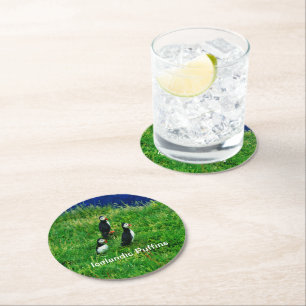 Icelandic Puffins in Summer Round Paper Coaster