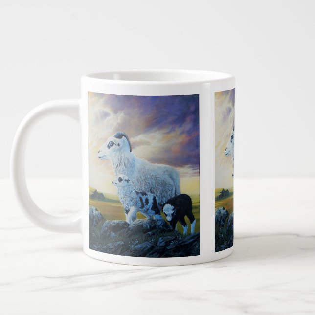 Icelandic sheep, ewe and lambs, sunrise sky large coffee mug (Left)