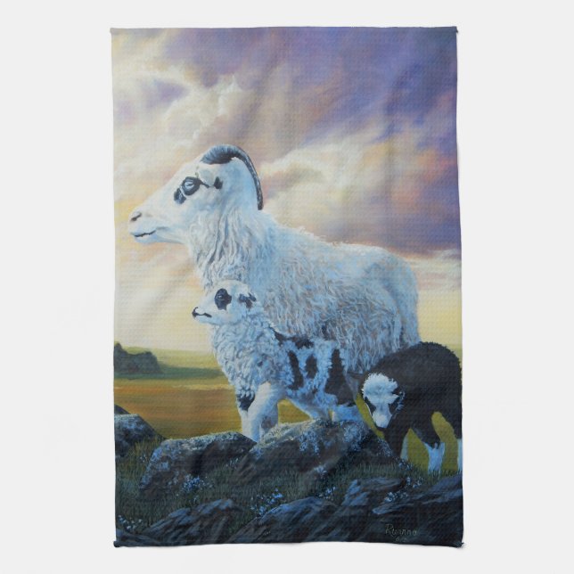Icelandic sheep, ewe and lambs, sunrise sky tea towel (Vertical)