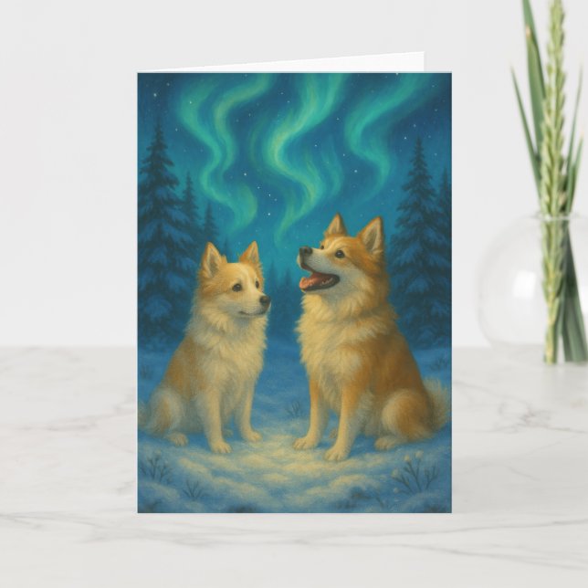 Icelandic Sheepdog Northern Lights Holiday Card (Front)