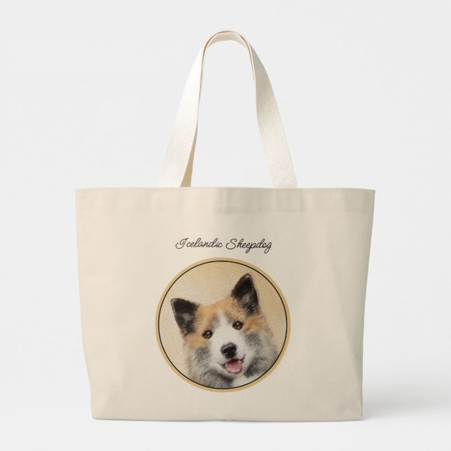 Icelandic Sheepdog Painting Tan Original Dog Art Large Tote Bag (Back)