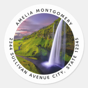 Icelandic Waterfall Green Nature Photo Address Classic Round Sticker