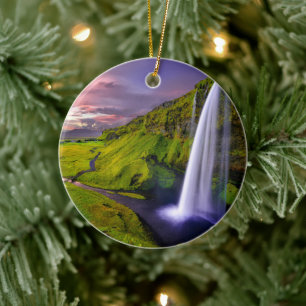 Icelandic Waterfall Green Nature Photo Ceramic Tree Decoration