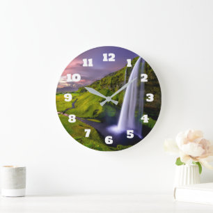 Icelandic Waterfall Green Nature Photo Large Clock
