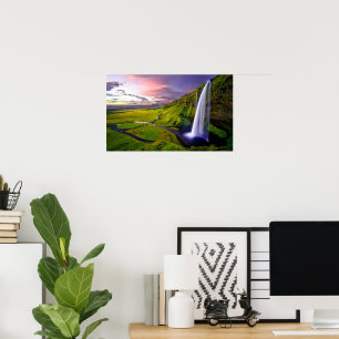 Icelandic Waterfall Green Nature Photo Poster