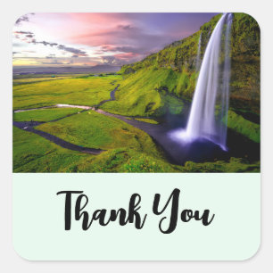 Icelandic Waterfall Green Nature Photo Thank You Square Sticker