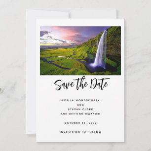 Icelandic Waterfall Green Nature Photo Wedding Save The Date