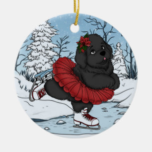 Iceskating Newfoundland Puppy Winter Wonderland Ceramic Tree Decoration