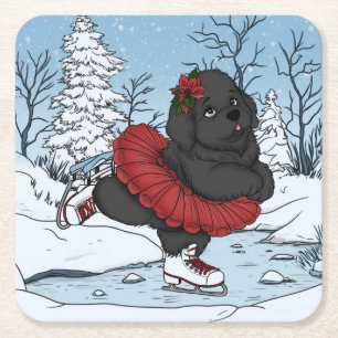 Iceskating Newfoundland Puppy Winter Wonderland Square Paper Coaster