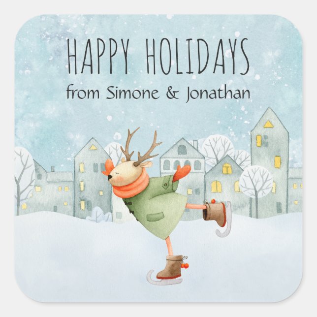 Iceskating Woodland Deer Christmas Holiday Square Sticker (Front)