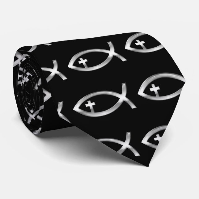 Ichthus - Christian Fish Symbol Silver Tie (Rolled)