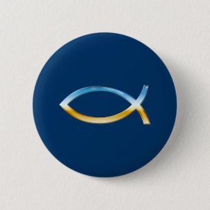 Ichthus - Christian Fish Symbol  Sky & Ground 6 Cm Round Badge