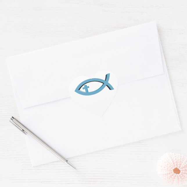 Ichthus - Christian Fish Symbol with Crucifix Heart Sticker (Envelope)