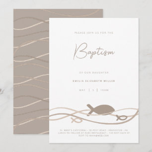 Ichthys Waves Beige Taupe - Modern Baptism Invitation