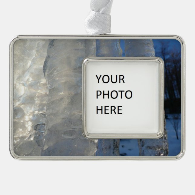 Icicles Abstract Blue Winter Photography Silver Plated Framed Ornament (Front)