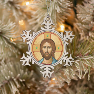 Icon of Christ Snowflake Pewter Christmas Ornament