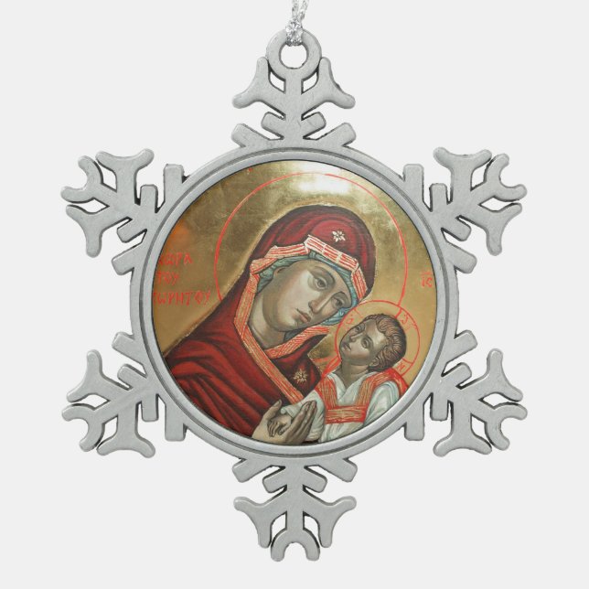 Icon of Saint Mary Theotokos Snowflake Pewter Christmas Ornament (Front)