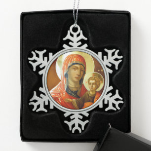 Icon of Saint Mary With Lord Jesus Snowflake Pewter Christmas Ornament