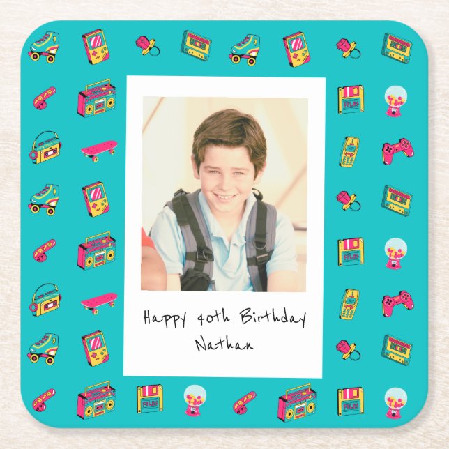 Iconic 90's - 40th Birthday Custom Photo Square Paper Coaster (Front)