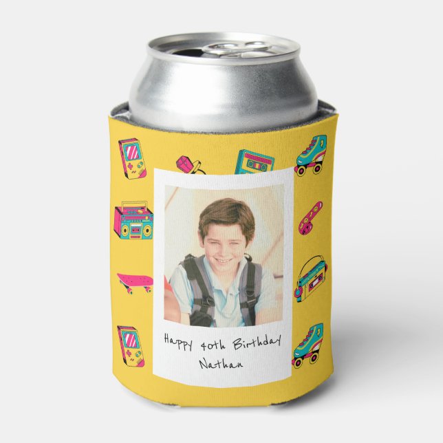 Iconic 90's Birthday Gift, yellow with photo Can Cooler (Can Front)