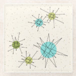 Iconic Atomic Starbursts Glass Coaster<br><div class="desc">This Iconic Atomic Starbursts Glass Coaster pattern features iconic atomic starbursts. That’s right! The old school, cream coloured background with gold speckles is the perfect backdrop for the vibrant turquoise, soothing celery, and kitschy pear green coloured circles. The spots of colour are sporadically placed in various sizes with overlaying black...</div>