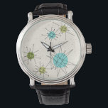 Iconic Atomic Starbursts Leather Watch<br><div class="desc">This Iconic Atomic Starbursts Leather Watch pattern features iconic atomic starbursts. That’s right! The old school, cream coloured background with gold speckles is the perfect backdrop for the vibrant turquoise, soothing celery, and kitschy pear green coloured circles. The spots of colour are sporadically placed in various sizes with overlaying black...</div>