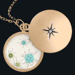 Iconic Atomic Starbursts Necklace<br><div class="desc">This Iconic Atomic Starbursts Necklace pattern features iconic atomic starbursts. That’s right! The old school, cream coloured background with gold speckles is the perfect backdrop for the vibrant turquoise, soothing celery, and kitschy pear green coloured circles. The spots of colour are sporadically placed in various sizes with overlaying black V...</div>