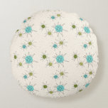Iconic Atomic Starbursts Round Pillow<br><div class="desc">This Iconic Atomic Starbursts Round Pillow pattern features iconic atomic starbursts. That’s right! The old school, cream coloured background with gold speckles is the perfect backdrop for the vibrant turquoise, soothing celery, and kitschy pear green coloured circles. The spots of colour are sporadically placed in various sizes with overlaying black...</div>