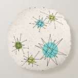Iconic Atomic Starbursts Round Pillow<br><div class="desc">This Iconic Atomic Starbursts Round Pillow (large print) pattern features iconic atomic starbursts. That’s right! The old school, cream coloured background with gold speckles is the perfect backdrop for the vibrant turquoise, soothing celery, and kitschy pear green coloured circles. The spots of colour are sporadically placed in various sizes with...</div>