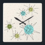 Iconic Atomic Starbursts Square Wall Clock<br><div class="desc">This Iconic Atomic Starbursts Square Acrylic Wall Clock (large print) pattern features iconic atomic starbursts. That’s right! The old school, cream coloured background with gold speckles is the perfect backdrop for the vibrant turquoise, soothing celery, and kitschy pear green coloured circles. The spots of colour are sporadically placed in various...</div>