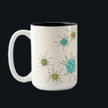 Iconic Atomic Starbursts Two-Tone Mug<br><div class="desc">This Iconic Atomic Starbursts Two-Tone Mug pattern features iconic atomic starbursts. That’s right! The old school, cream coloured background with gold speckles is the perfect backdrop for the vibrant turquoise, soothing celery, and kitschy pear green coloured circles. The spots of colour are sporadically placed in various sizes with overlaying black...</div>