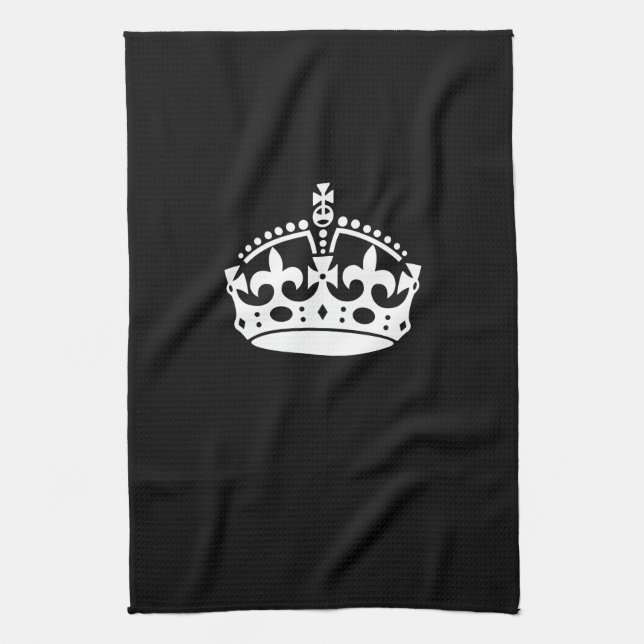 Iconic Keep Calm Crown on Black Tea Towel (Vertical)