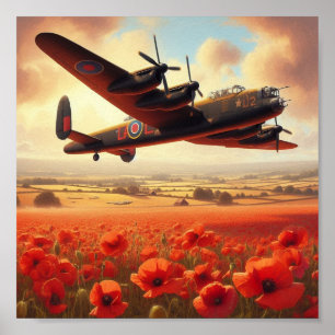 Iconic Lancaster Soars Above Poppy Field at Dusk Poster
