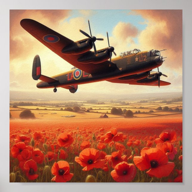 Iconic Lancaster Soars Above Poppy Field at Dusk Poster (Front)