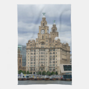 Iconic Liver Building and Tower, Riverfront Scene Tea Towel