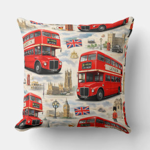 Iconic red double-decker bus and city landmarks he cushion