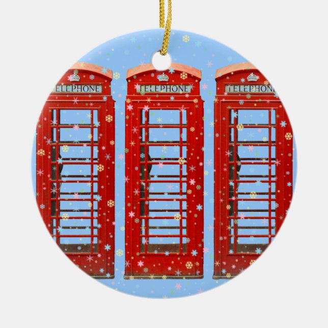 Iconic Red London Phone Boxes Pastel Snowflakes Ceramic Tree Decoration (Front)